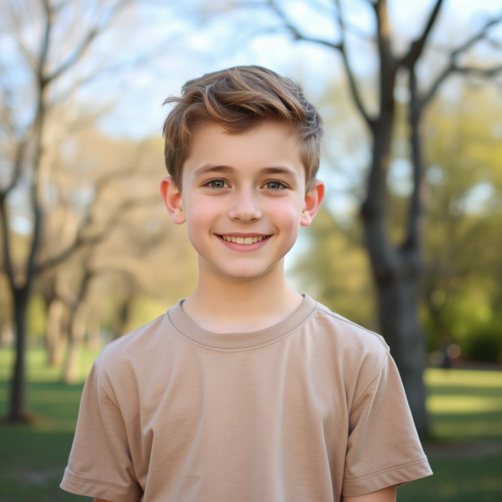 A portrait of an average looking teenage boy, with short brown hair and a friendly smile