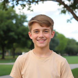 A portrait of an average looking teenage boy, with short brown hair and a friendly smile