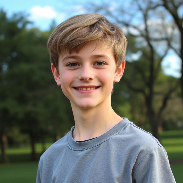 A portrait of an average looking teenage boy, with short brown hair and a friendly smile