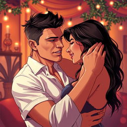 A vivid and intense illustration of a man sensualy interacting with a woman, showing a sense of passion and intensity between them