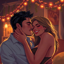 A vivid and intense illustration of a man sensualy interacting with a woman, showing a sense of passion and intensity between them