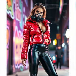 A hot slim girl with big boobs, confidently wearing a shiny red tight puffer jacket and form-fitting black latex leggings