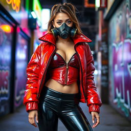 A hot slim girl with big boobs, confidently wearing a shiny red tight puffer jacket and form-fitting black latex leggings