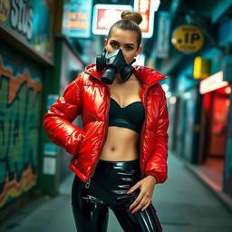 A hot slim girl with big boobs, confidently wearing a shiny red tight puffer jacket and form-fitting black latex leggings