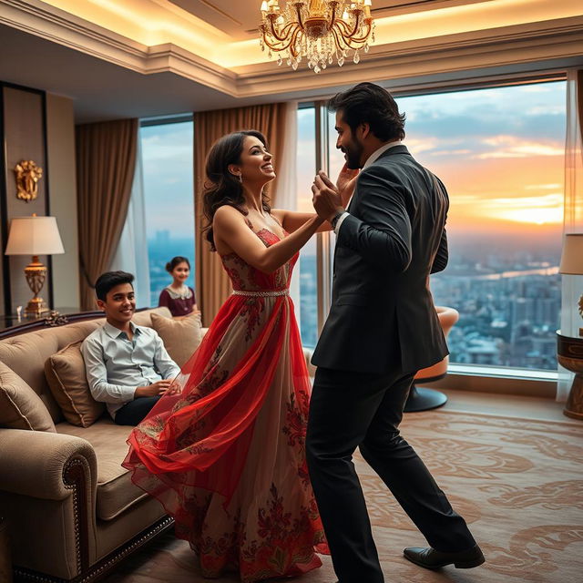 A captivating scene taking place in a luxurious hotel room, featuring a glamorous Arabic woman in her 30s, elegantly dressed with a flowy, colorful dress, dancing joyfully with a handsome man