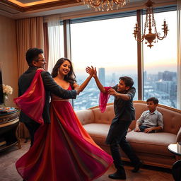 A captivating scene taking place in a luxurious hotel room, featuring a glamorous Arabic woman in her 30s, elegantly dressed with a flowy, colorful dress, dancing joyfully with a handsome man