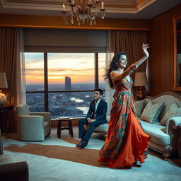 A captivating scene taking place in a luxurious hotel room, featuring a glamorous Arabic woman in her 30s, elegantly dressed with a flowy, colorful dress, dancing joyfully with a handsome man