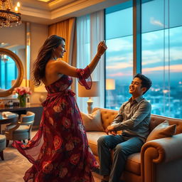 A captivating scene taking place in a luxurious hotel room, featuring a glamorous Arabic woman in her 30s, elegantly dressed with a flowy, colorful dress, dancing joyfully with a handsome man
