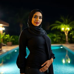 A captivating nighttime scene featuring a woman of Arab descent wearing a hijab, positioned in front of a pool