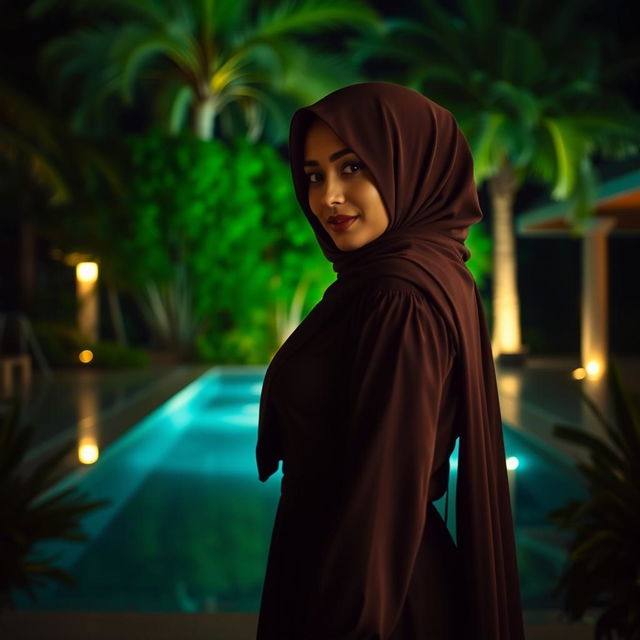 A captivating nighttime scene featuring a woman of Arab descent wearing a hijab, positioned in front of a pool