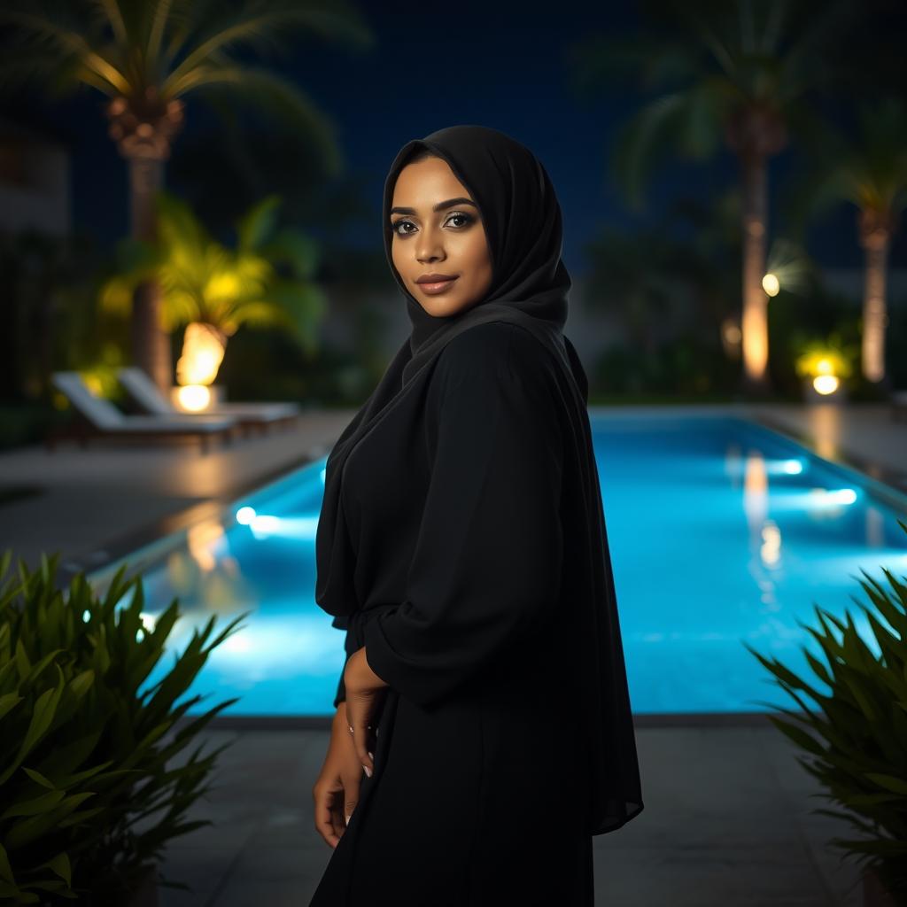 A captivating nighttime scene featuring a woman of Arab descent wearing a hijab, positioned in front of a pool