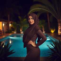 A captivating nighttime scene featuring a woman of Arab descent wearing a hijab, positioned in front of a pool
