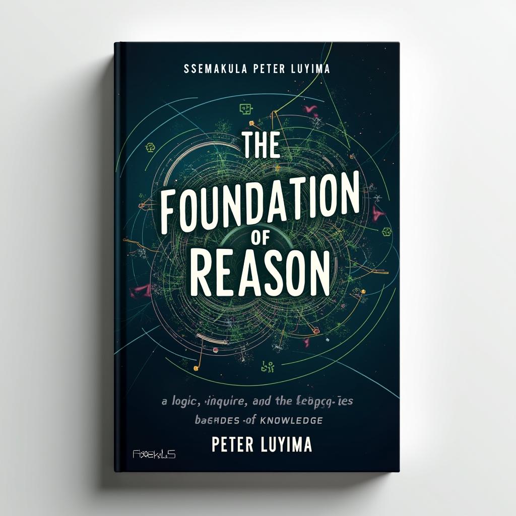 A dynamic book cover design for "The Foundation of Reason: Logic, Inquiry, and the Boundaries of Knowledge" by Ssemakula Peter Luyima, capturing the essence of scientific philosophy