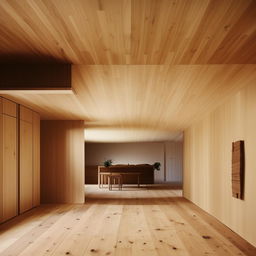 Minimalist interior design with a wooden floor and wooden furniture.