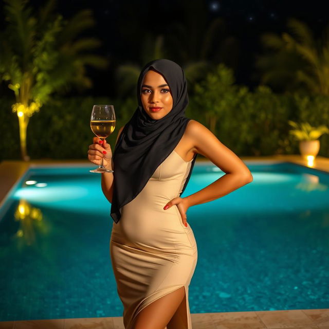 A beautiful Arab woman wearing a hijab, standing confidently by a pool at night