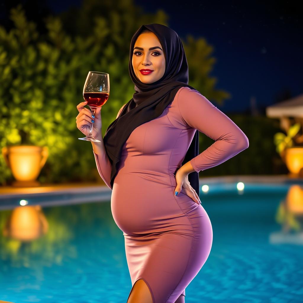 A stunning Arab woman wearing a hijab, celebrating her curves confidently by a shimmering pool at night