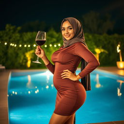 A stunning Arab woman wearing a hijab, celebrating her curves confidently by a shimmering pool at night