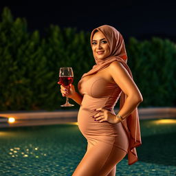 A stunning Arab woman wearing a hijab, celebrating her curves confidently by a shimmering pool at night