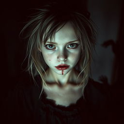 A creepy horror-themed portrait of a girl with a sense of dread, featuring pale skin and wild, unkempt hair