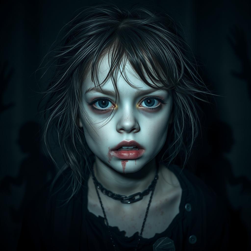 A creepy horror-themed portrait of a girl with a sense of dread, featuring pale skin and wild, unkempt hair