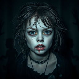 A creepy horror-themed portrait of a girl with a sense of dread, featuring pale skin and wild, unkempt hair