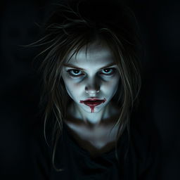 A creepy horror-themed portrait of a girl with a sense of dread, featuring pale skin and wild, unkempt hair