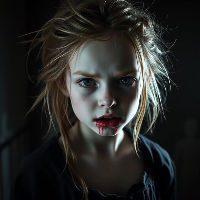 A creepy horror-themed portrait of a girl with a sense of dread, featuring pale skin and wild, unkempt hair