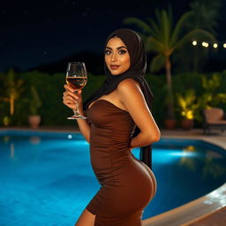 A gorgeous Arab woman wearing a hijab, confidently posing by a glistening pool at night