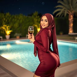 A gorgeous Arab woman wearing a hijab, confidently posing by a glistening pool at night