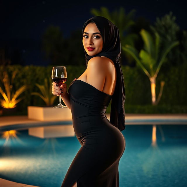 A gorgeous Arab woman wearing a hijab, confidently posing by a glistening pool at night