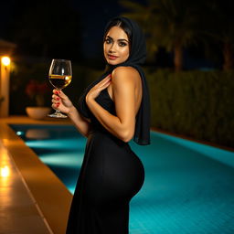 A gorgeous Arab woman wearing a hijab, confidently posing by a glistening pool at night