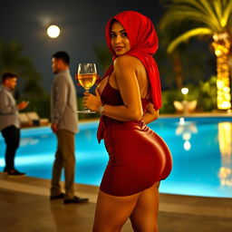 A stunning Arab woman wearing a vibrant hijab, standing confidently in front of a beautifully lit pool at night