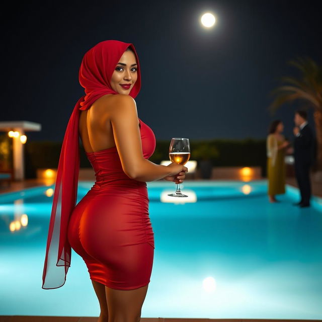 A stunning Arab woman wearing a vibrant hijab, standing confidently in front of a beautifully lit pool at night