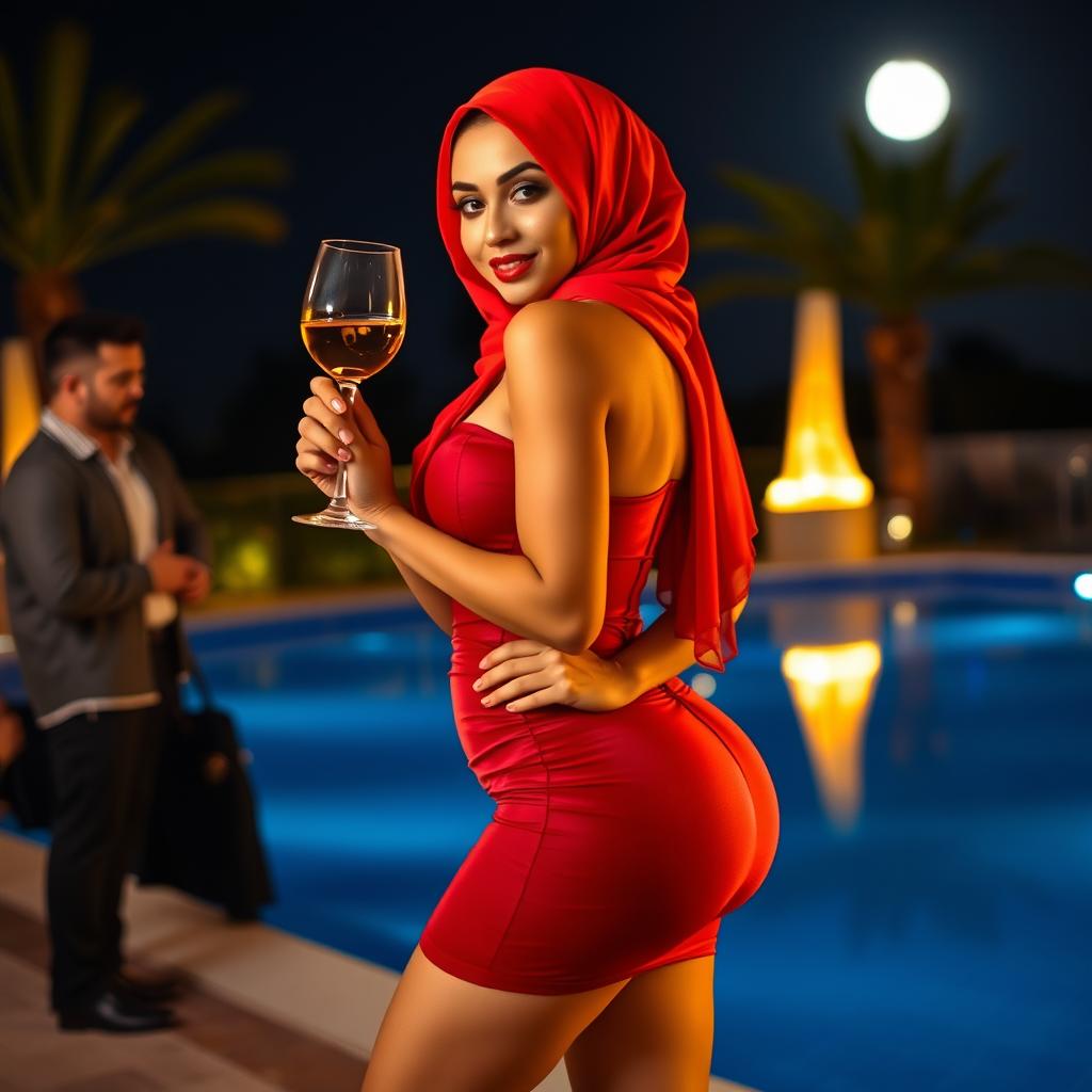 A stunning Arab woman wearing a vibrant hijab, standing confidently in front of a beautifully lit pool at night