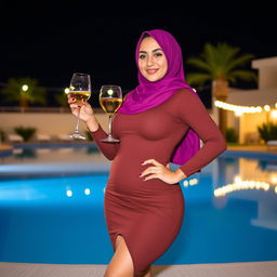 An Arab woman in a stylish hijab, standing confidently by a nighttime pool