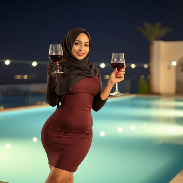 An Arab woman in a stylish hijab, standing confidently by a nighttime pool