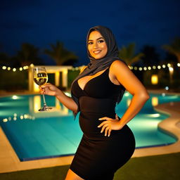An Arab woman in a stylish hijab, standing confidently by a nighttime pool