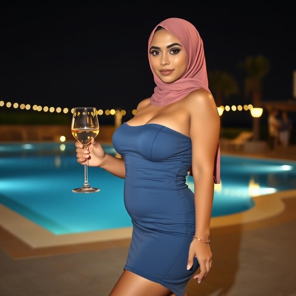 An Arab woman in a stylish hijab, standing confidently by a nighttime pool