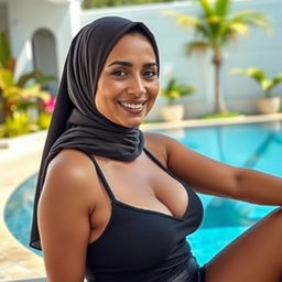 A mature Muslim woman wearing an elegant hijab, sitting by a luxurious swimming pool