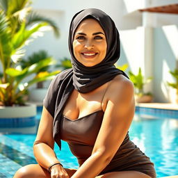 A mature Muslim woman wearing an elegant hijab, sitting by a luxurious swimming pool