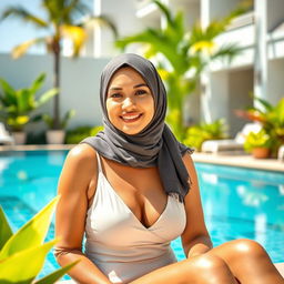 A mature Muslim woman wearing an elegant hijab, sitting by a luxurious swimming pool