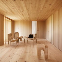 Minimalist interior design with a wooden floor and wooden furniture.