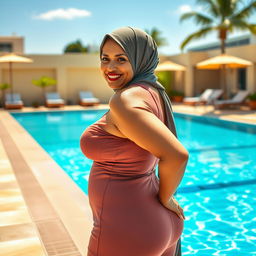 A beautiful, older Muslim woman with a stylish hijab, confidently posing by a sparkling pool