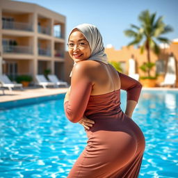 A beautiful, older Muslim woman with a stylish hijab, confidently posing by a sparkling pool