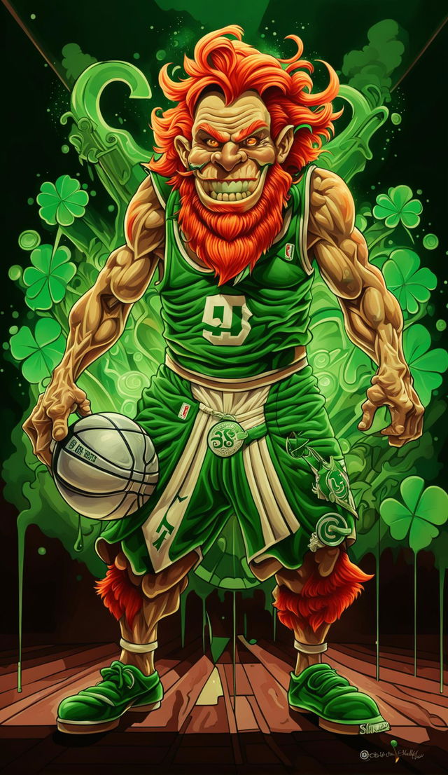 A digital artwork featuring a villainous Leprechaun in a Boston Celtics uniform, spinning a basketball signed by Larry Bird, set against the backdrop of a stylized basketball court