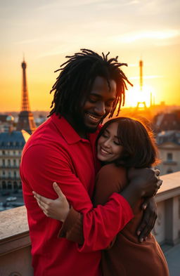 A charming scene in Paris during sunset, featuring a dark-skinned man with long curly black hair wearing a bright red shirt, who is giving a warm hug to a miniature brunette with a stylish bob haircut
