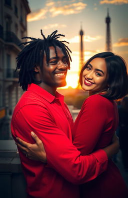 A charming scene in Paris during sunset, featuring a dark-skinned man with long curly black hair wearing a bright red shirt, who is giving a warm hug to a miniature brunette with a stylish bob haircut