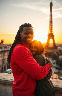 A charming scene in Paris during sunset, featuring a dark-skinned man with long curly black hair wearing a bright red shirt, who is giving a warm hug to a miniature brunette with a stylish bob haircut