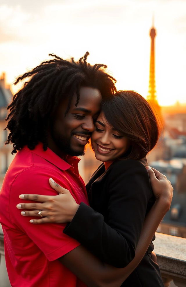 A charming scene in Paris during sunset, featuring a dark-skinned man with long curly black hair wearing a bright red shirt, who is giving a warm hug to a miniature brunette with a stylish bob haircut