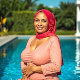A captivating portrait of an older Muslim woman wearing a vibrant hijab, lounging elegantly by a shimmering poolside